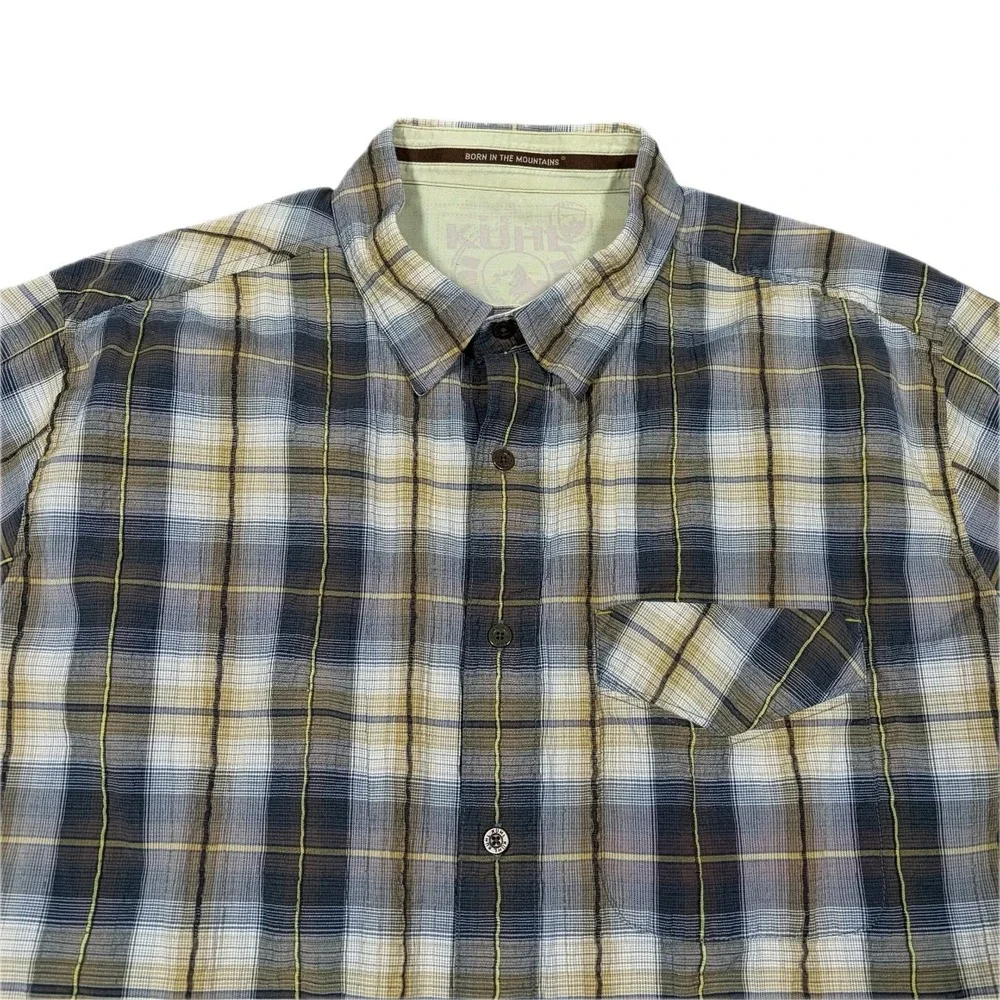 KUHL Shirt Men Large Plaid Crinkle Cotton Long‎ Sleeve Button Up Hiking Camping